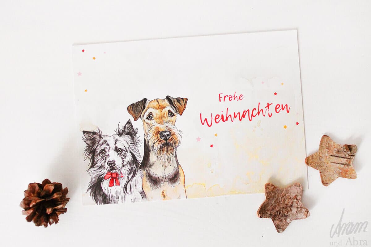 Hunde-Postkarte-Frohe-Weihnachten-Weihnachtskarte-Aquarell-Airedale-und-Australian-Shepherd-Aram-und-Abra-bei-Hundesport-Nubi-2